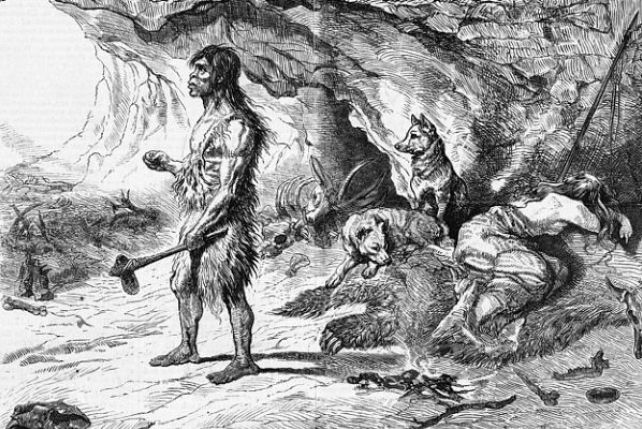 Czy tak wyglądało życie neandertalczyka i jego wiernych psów? Współczesny rysunek.
