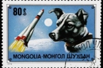 Mongolski znaczek pocztowy upamiętniający lot Łajki.